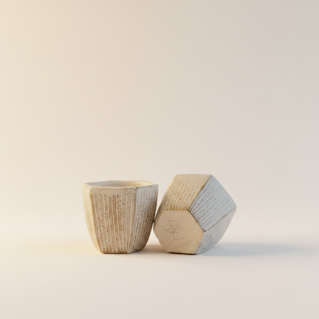 The Sandstone Pair ceramic cups — detail view, textured surface and considered form