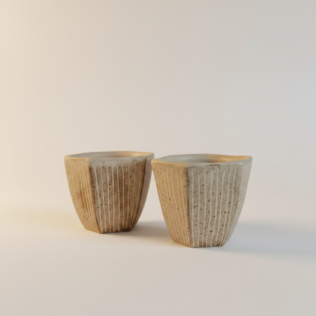 The Sandstone Pair — two handcrafted ceramic tea cups in warm sandstone tones