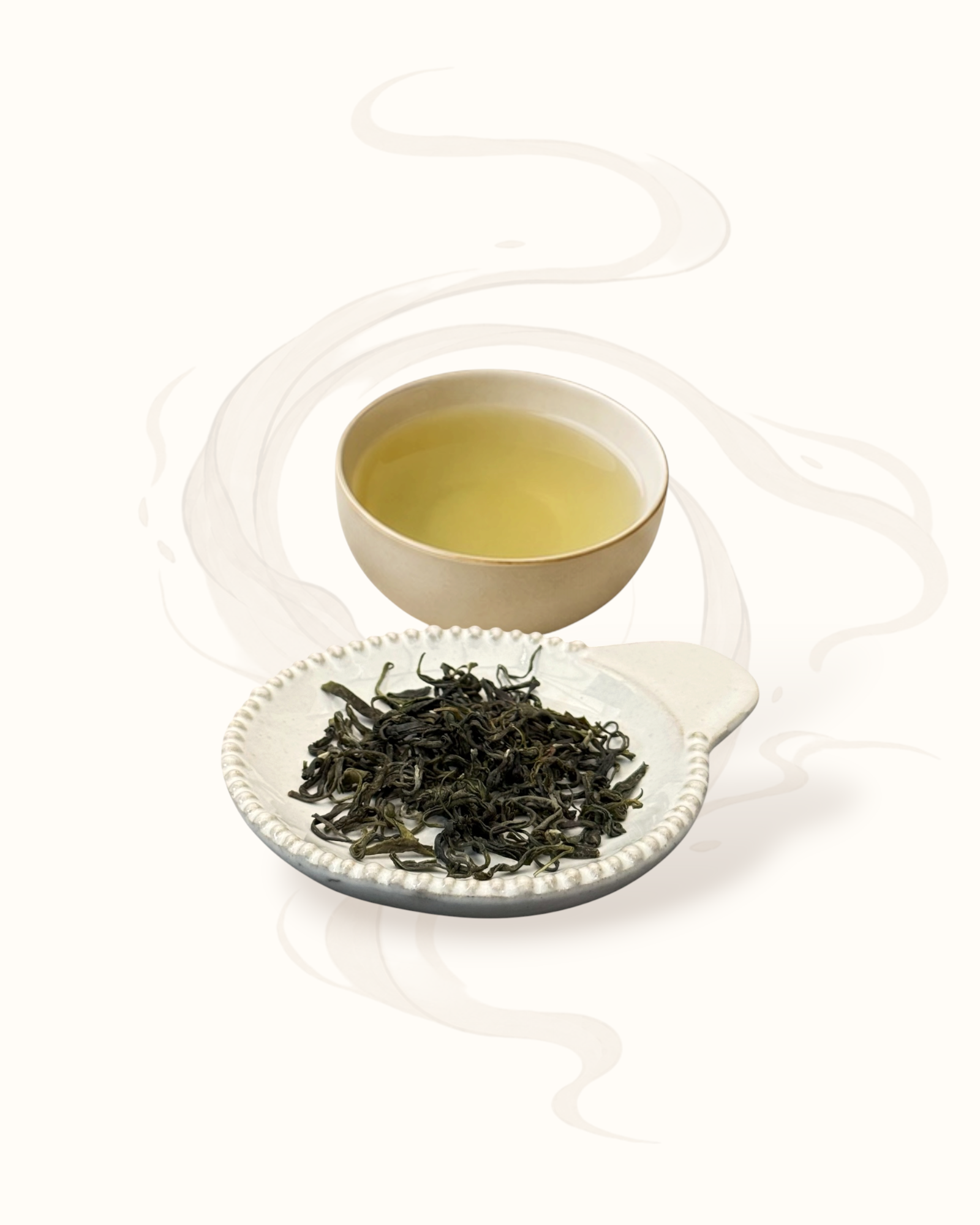 Mao Feng tea beside a cup of brewed tea