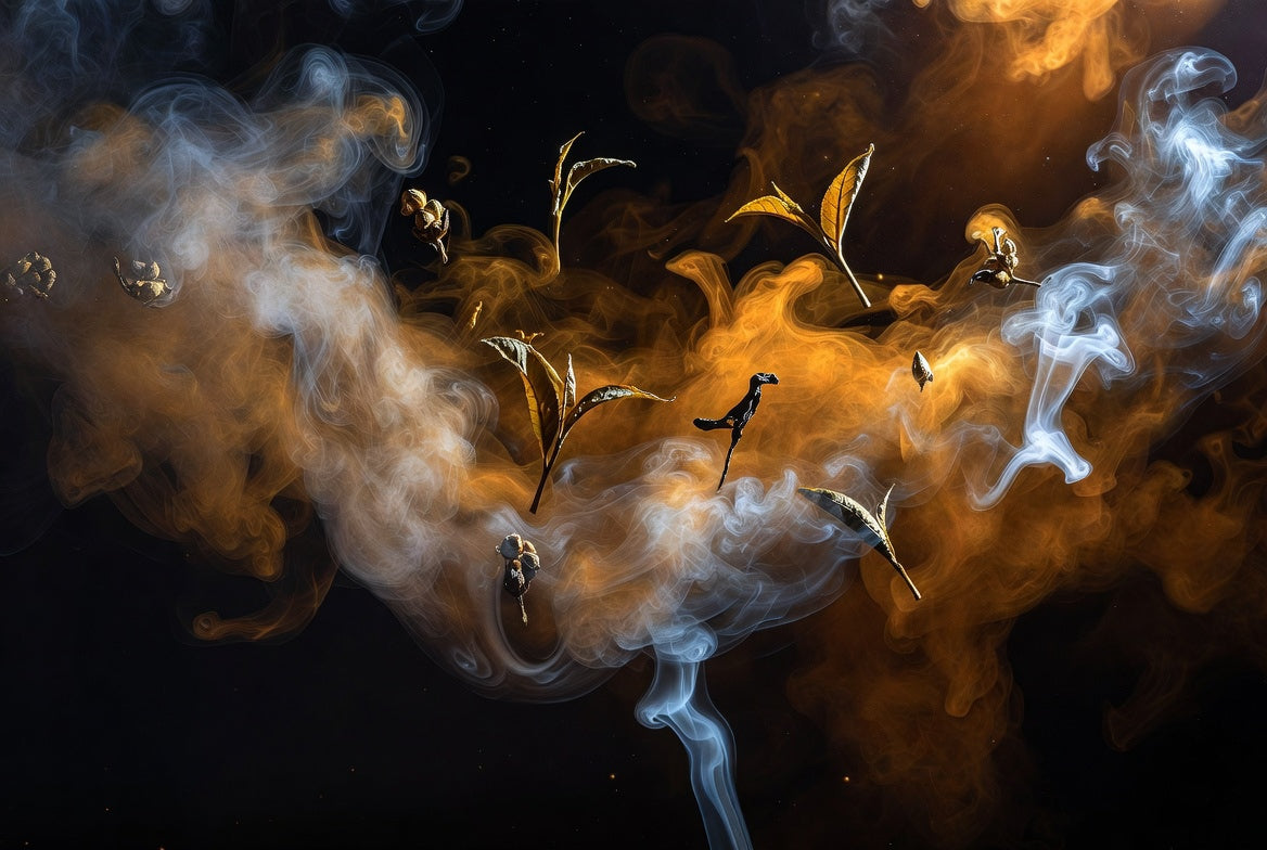 Tea leaves with smoke on a dark background