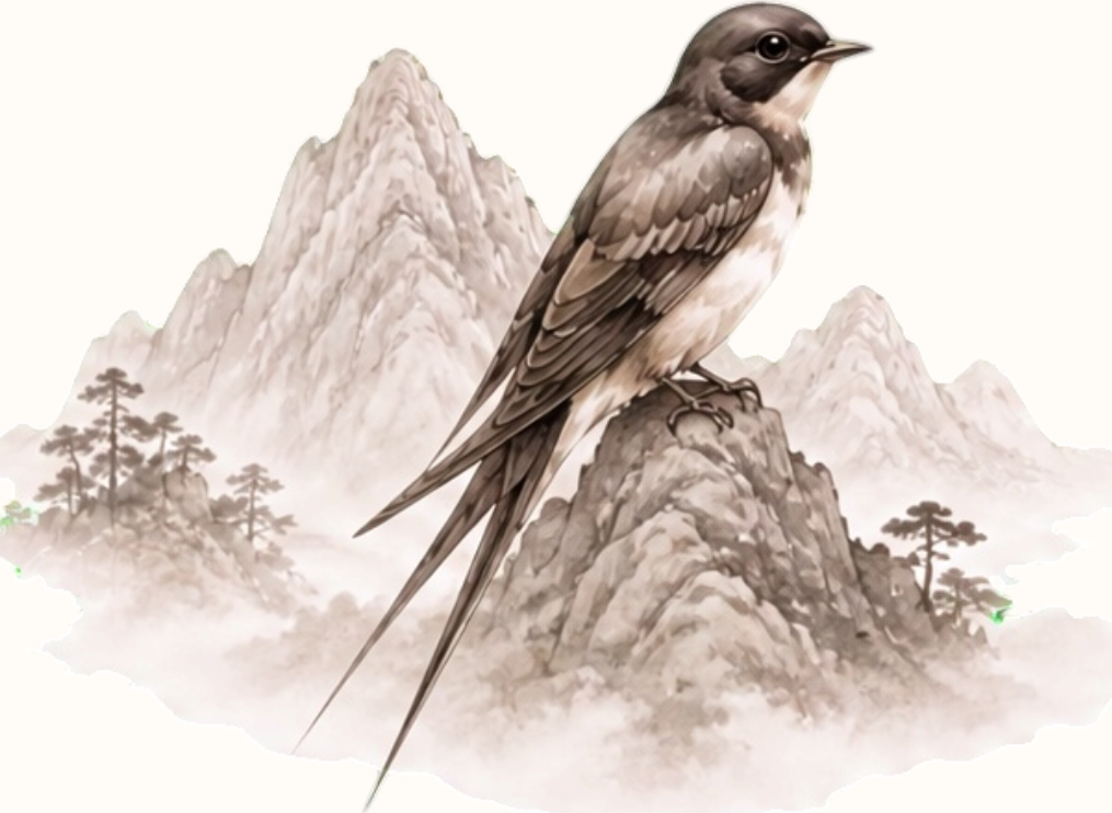 A minimalist watercolor-style illustration of a swallow perched on a rocky outcrop with faint mountains and trees behind it, centered on a warm off-white background.