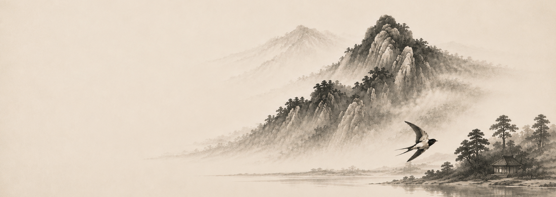 Traditional ink painting of a mountain landscape with a bird flying over water.