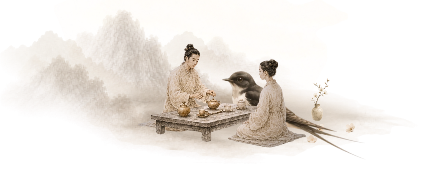 Two people in traditional attire sitting on a bench with a bird, surrounded by misty mountains.