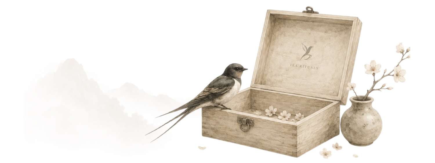 Open wooden box with a bird perched on top, next to a vase with flowers on a white background