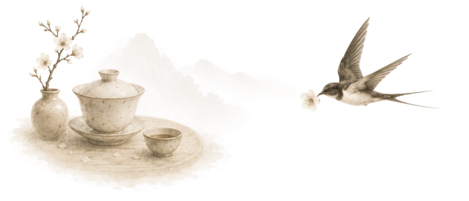 Tea set with a vase and a bird on a white background